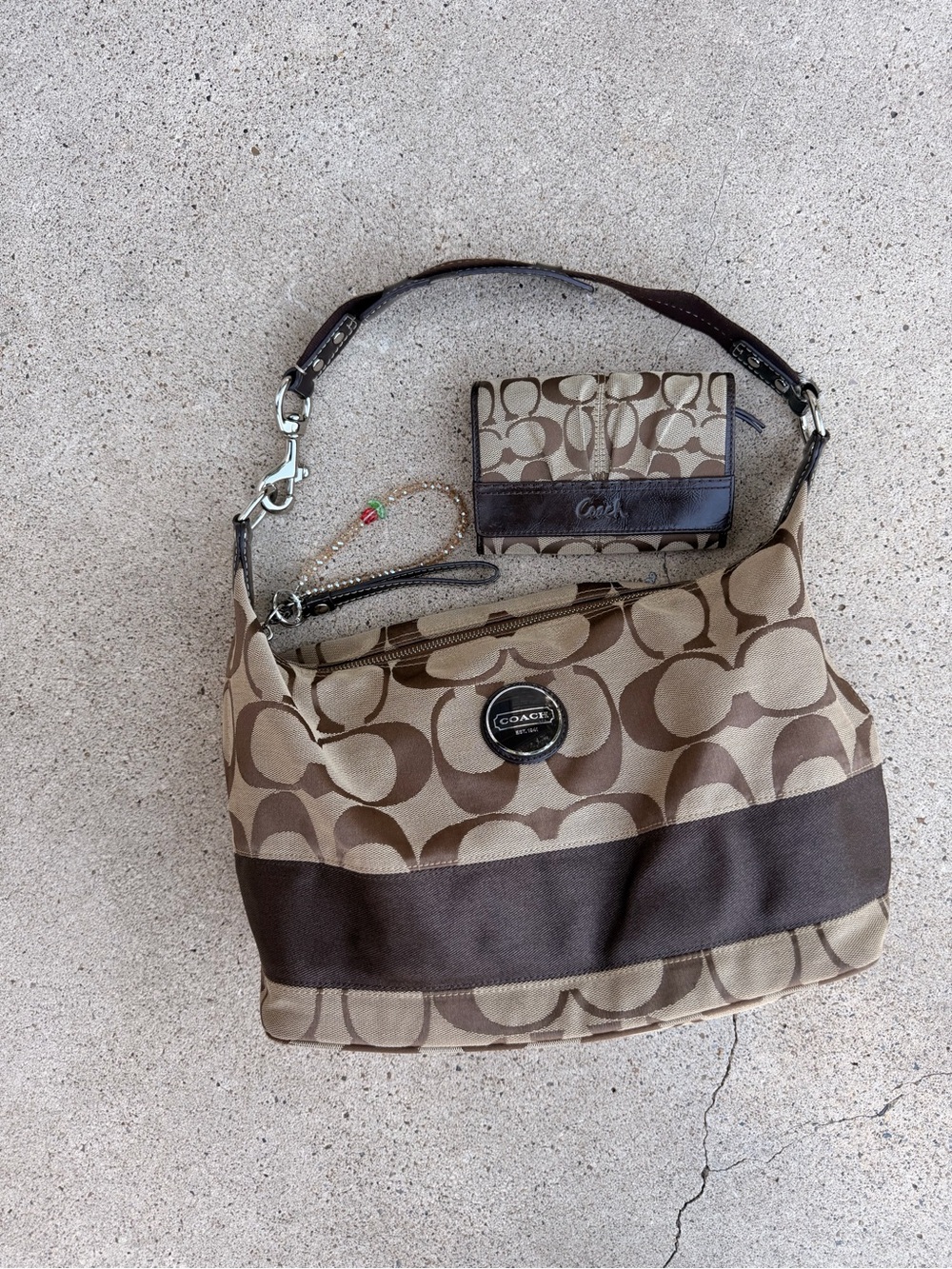 Coach Hobo Brown Signature Canvas Shoulder Bag with Matching Wallet